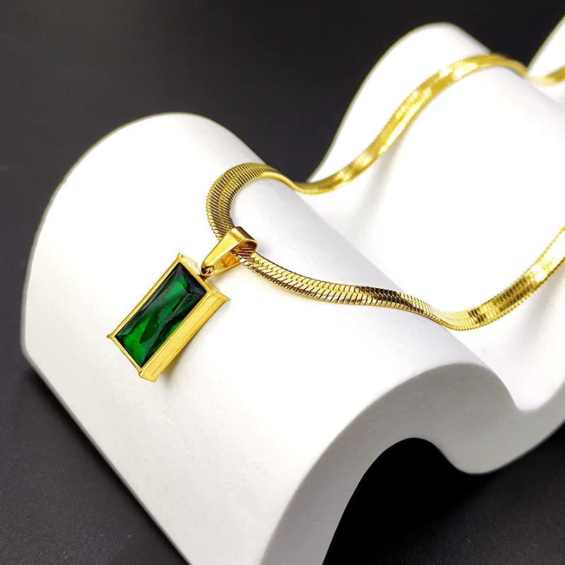 Green Crystal Rectangle Necklace & Earrings Set
