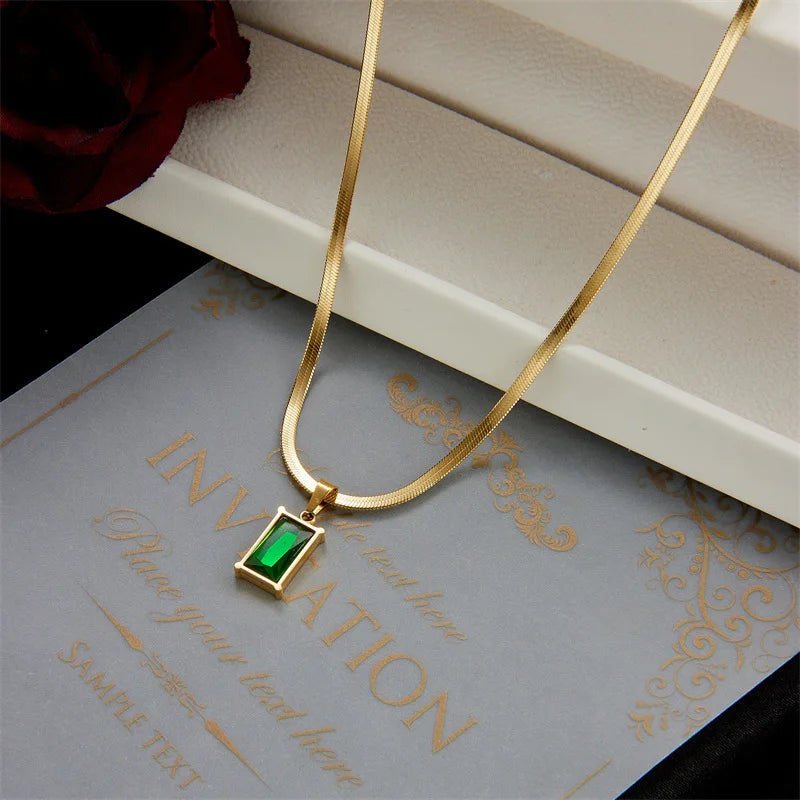 Green Crystal Rectangle Necklace & Earrings Set