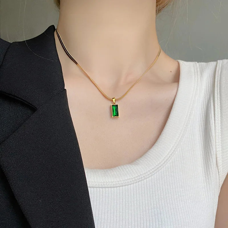 Green Crystal Rectangle Necklace & Earrings Set