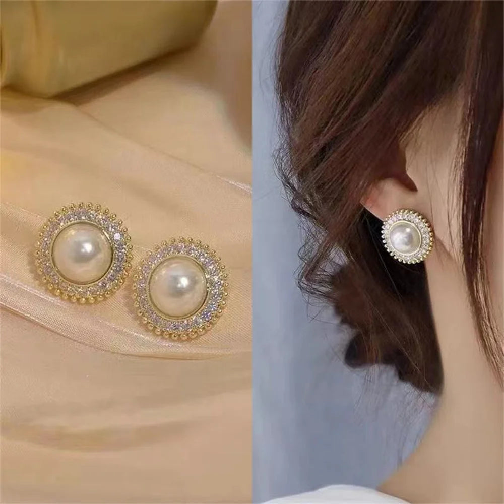 Aurora – Imitation Pearl Round Stud Earrings with Crystal Accent