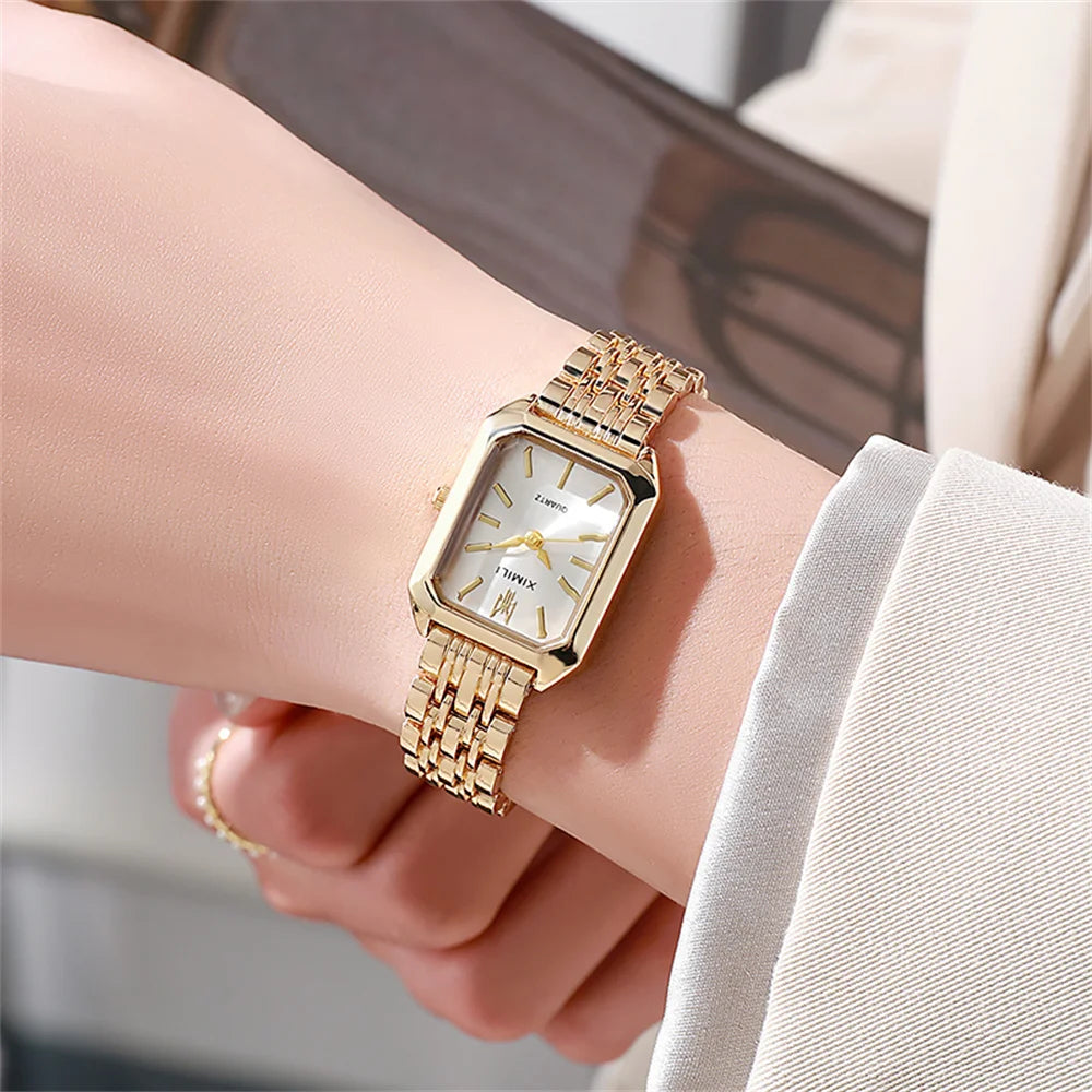 Luxury Gold-Plated Rectangle Quartz Watch