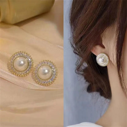 Aurora – Imitation Pearl Round Stud Earrings with Crystal Accent