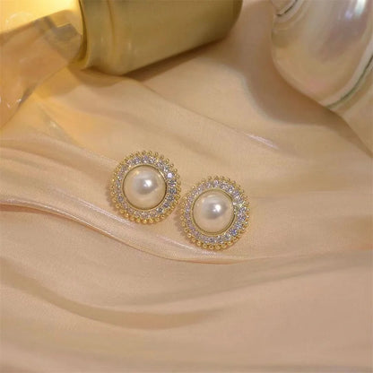Aurora – Imitation Pearl Round Stud Earrings with Crystal Accent