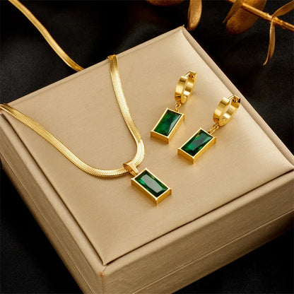 Green Crystal Rectangle Necklace & Earrings Set