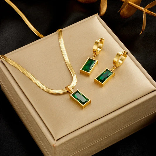 Green Crystal Rectangle Necklace & Earrings Set